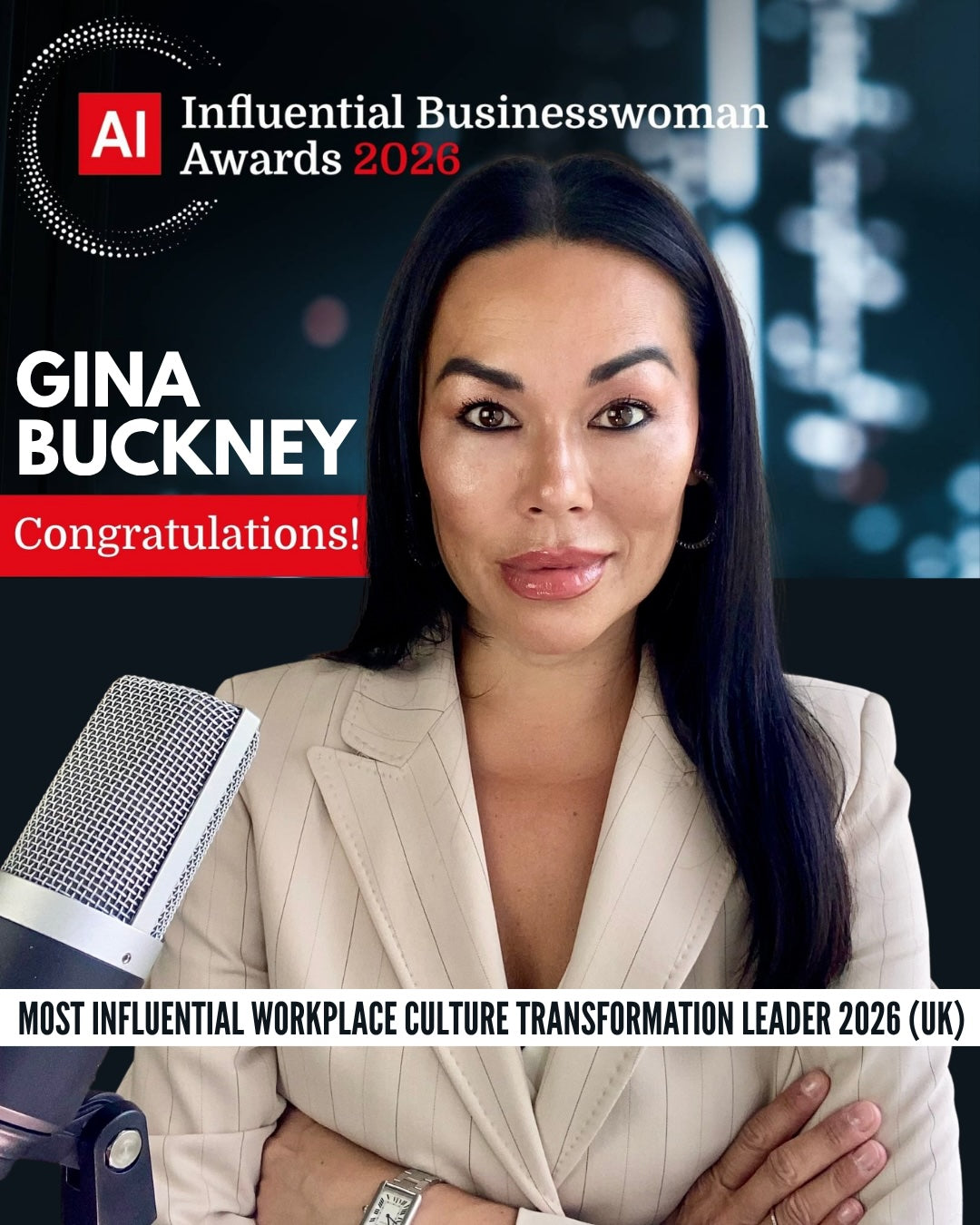 Gina Buckney receiving the Most Influential Workplace Culture Transformation Leader 2026 (UK) award from Acquisition International.